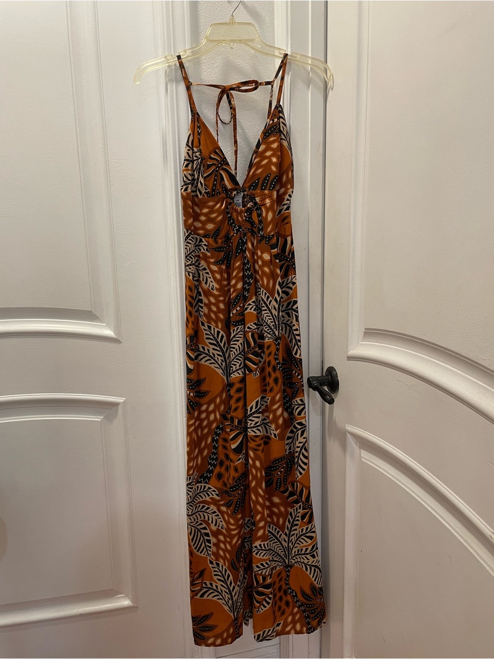 Sincerely Jules Rust and Black Leaf-Print Spaghetti-Strap Jumpsuit